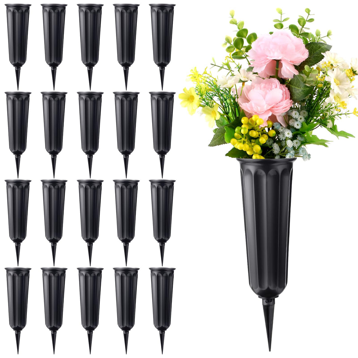 VZZNN cemetery vase with spikes in black 20-pack for durable outdoor grave displays