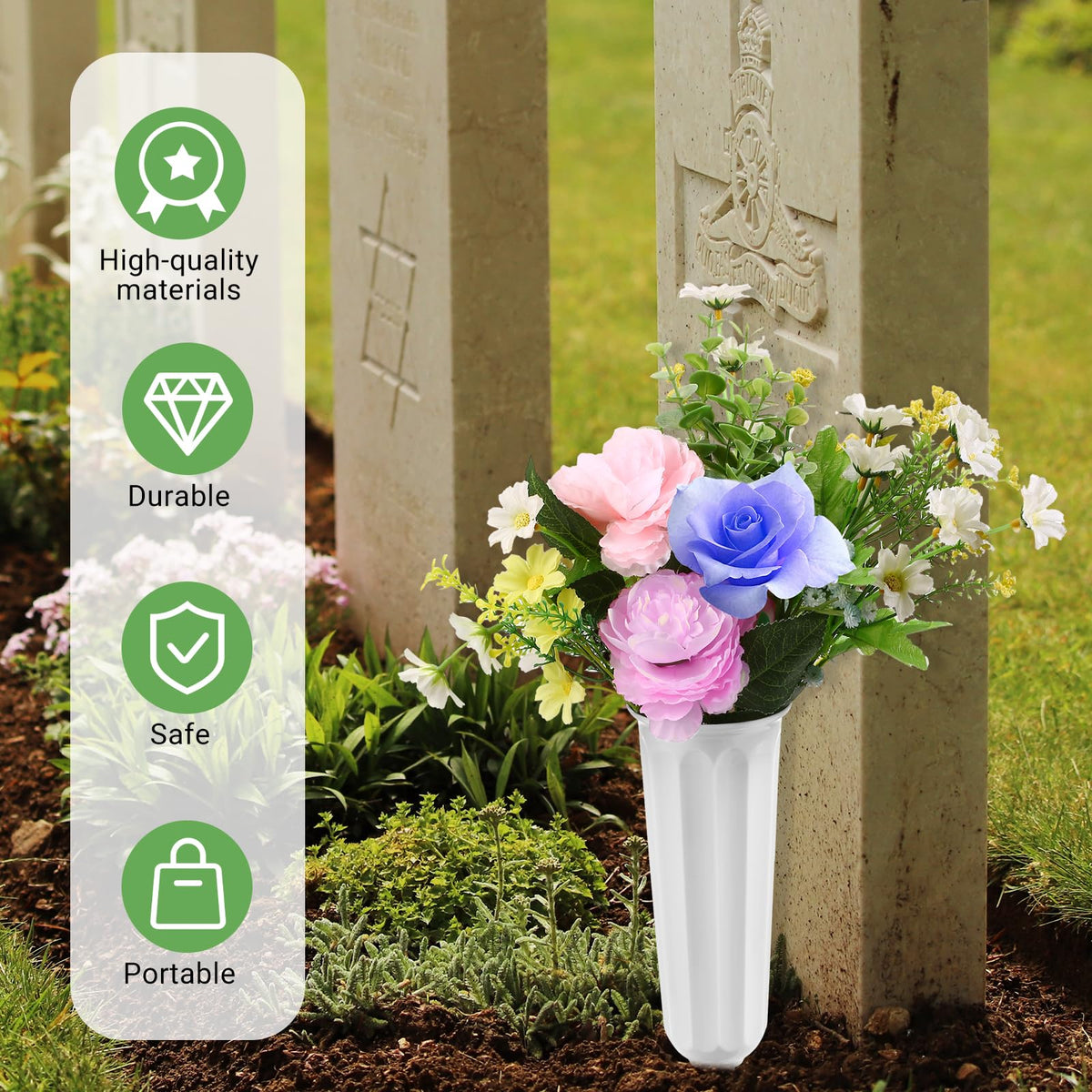 VZZNN plastic vase for graves white, easy ground insertion.