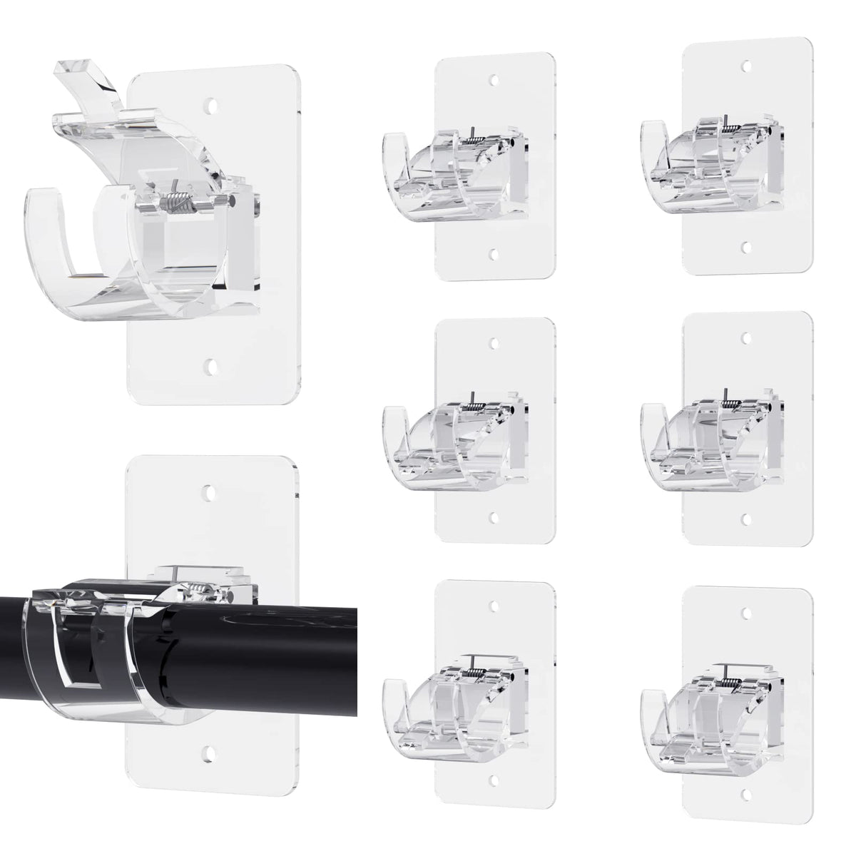 Wabboreq eight no-drill curtain brackets in transparent finish for easy installation.