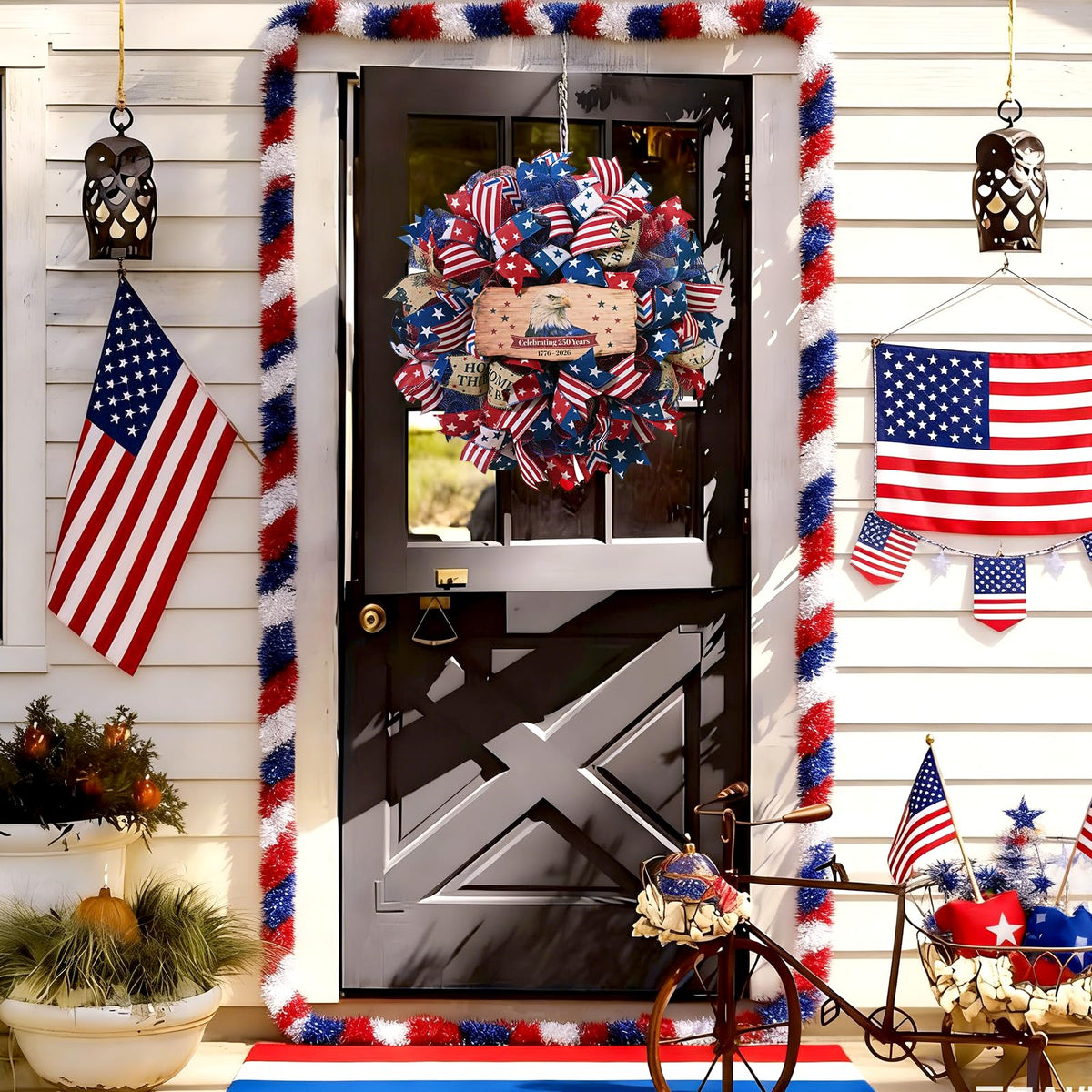 Waipfaru 18-inch patriotic wreath brightens doors with red, white, and blue accents.
