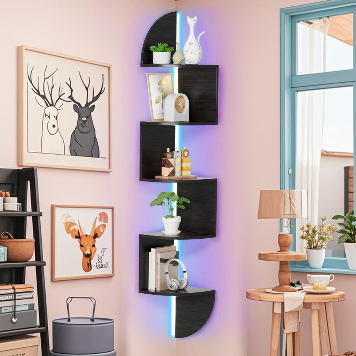 Waipfaru 5-tier corner shelf demonstrates sturdy display with up to 13.2 lb per tier.