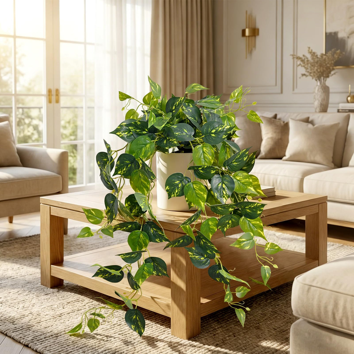 Waipfaru office desk setup with artificial pothos for easy maintenance