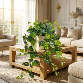Waipfaru office desk setup with artificial pothos for easy maintenance