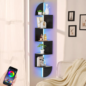 Waipfaru corner shelf with LED lighting showcases items in stylish, ambient glow.