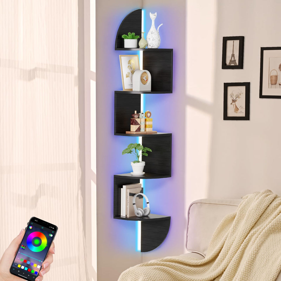 Waipfaru corner shelf with LED lighting showcases items in stylish, ambient glow.
