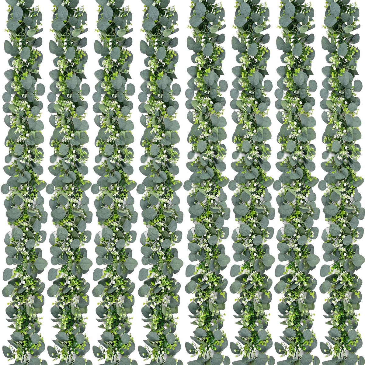 Waipfaru eucalyptus garland; 8-piece, 5.9ft length, ideal for mantle or table decor.
