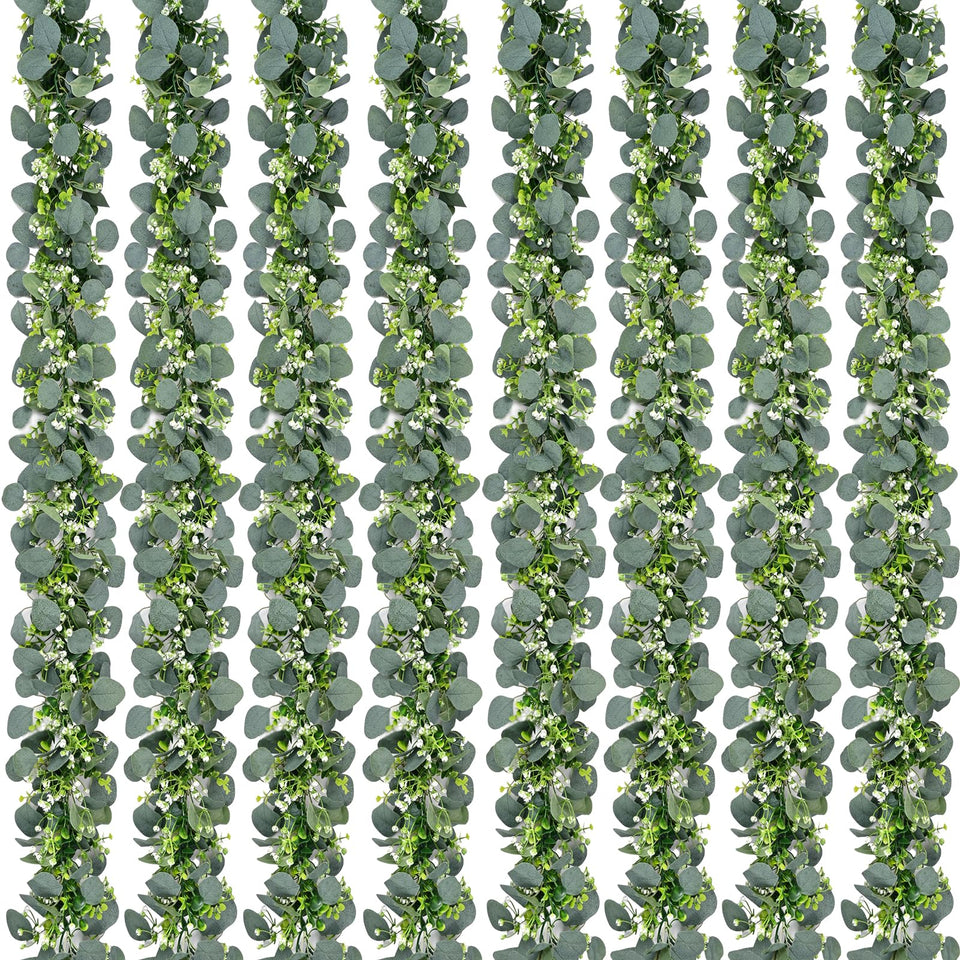 Waipfaru eucalyptus garland; 8-piece, 5.9ft length, ideal for mantle or table decor.
