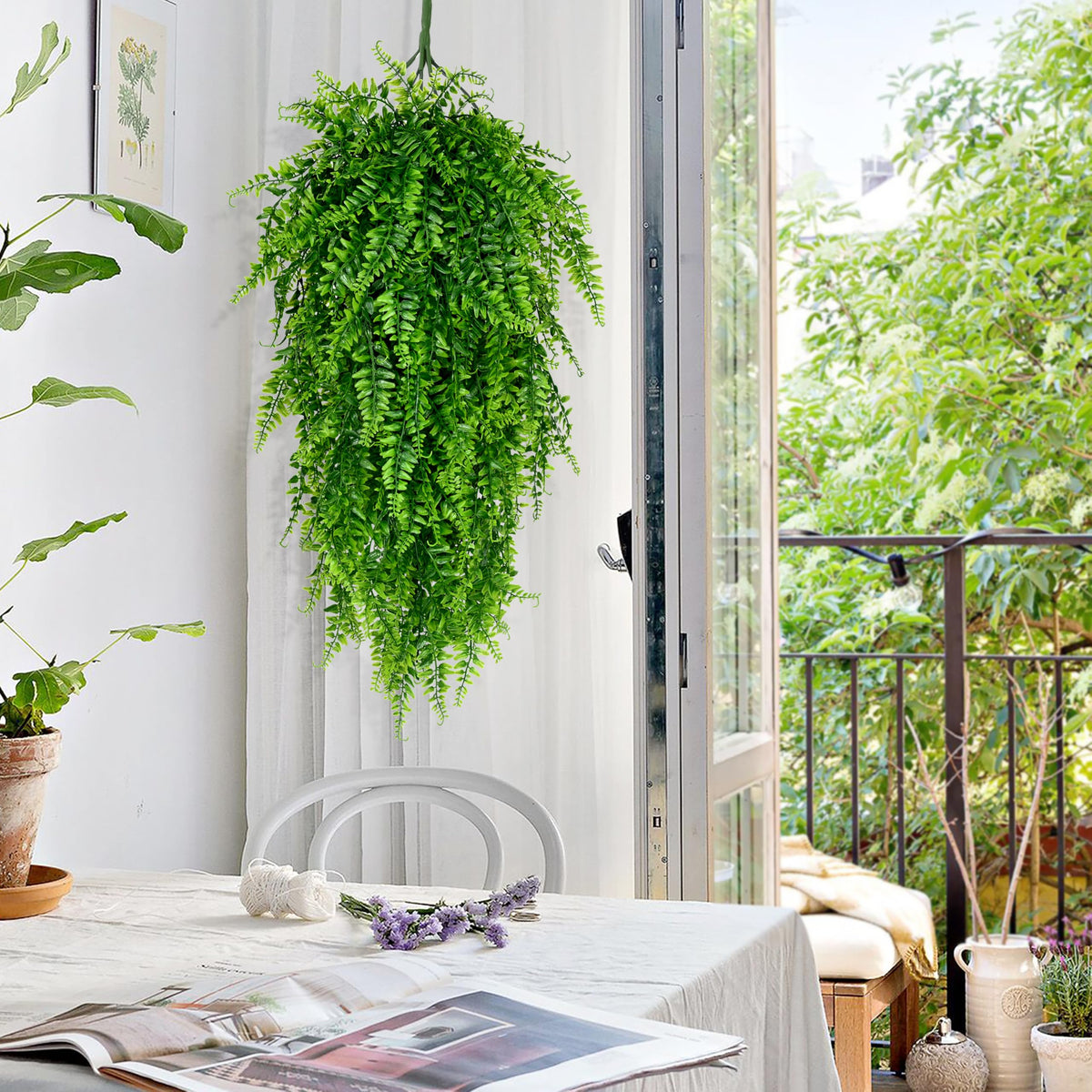 Waipfaru fake hanging fern decor enhances living rooms with realistic texture