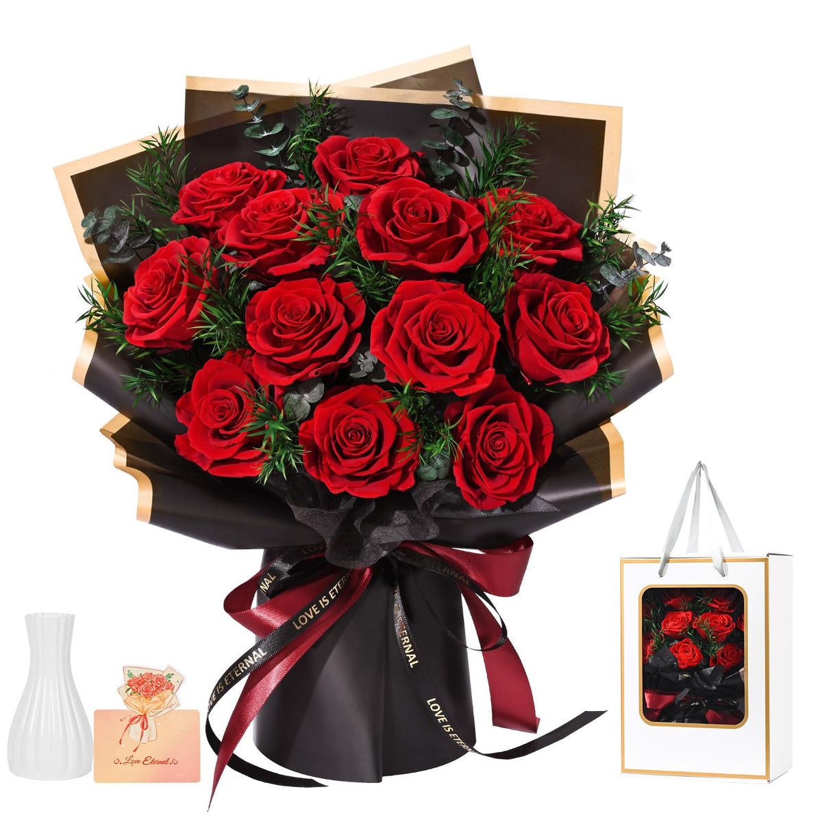 Waipfaru forever rose bouquet showcases red velvety petals with long-lasting beauty