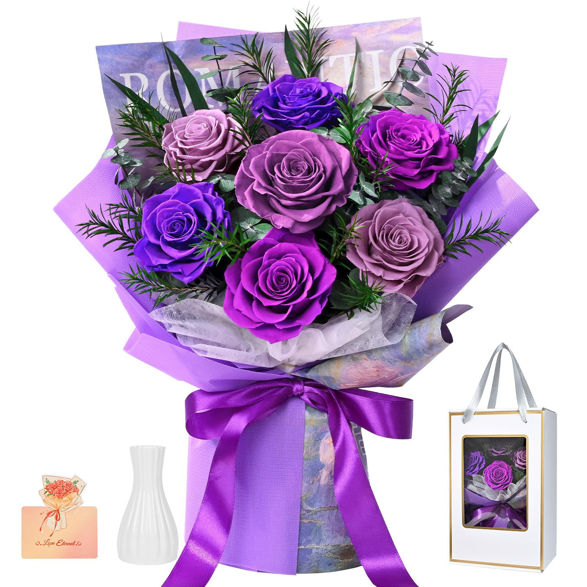 Waipfaru seven-preserved-rose bouquet in purple, long-lasting and gift-ready