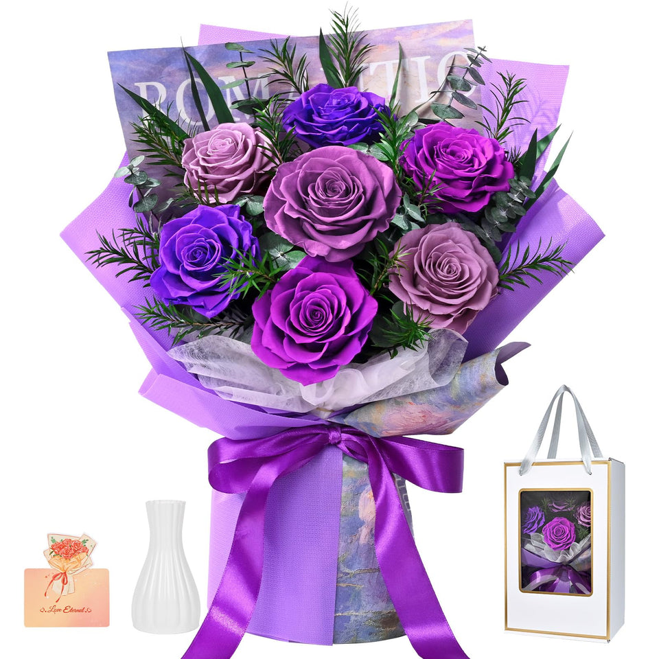 Waipfaru seven-preserved-rose bouquet in purple, long-lasting and gift-ready
