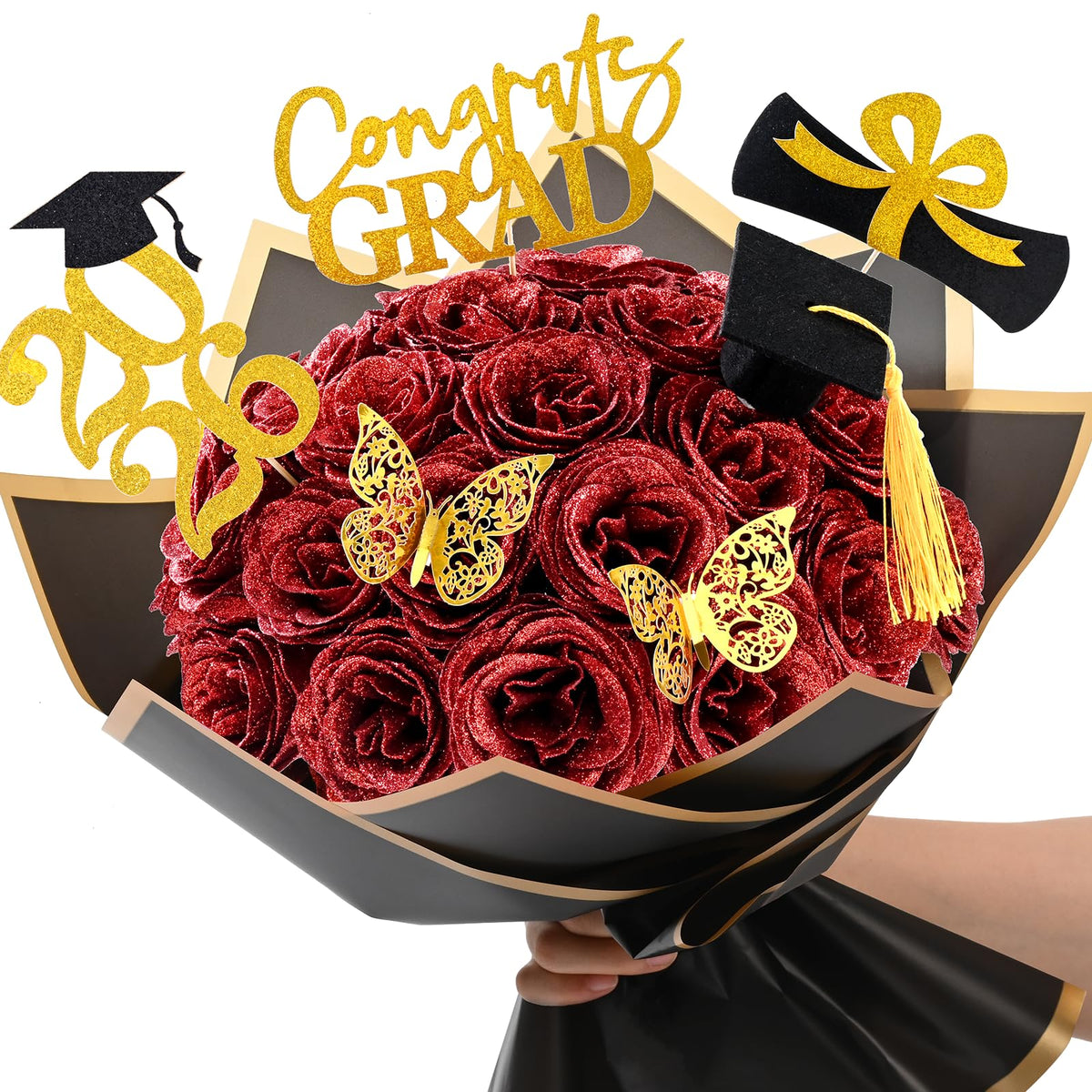 Waipfaru Glitter Rose Bouquet close-up red petals for a romantic graduation gift