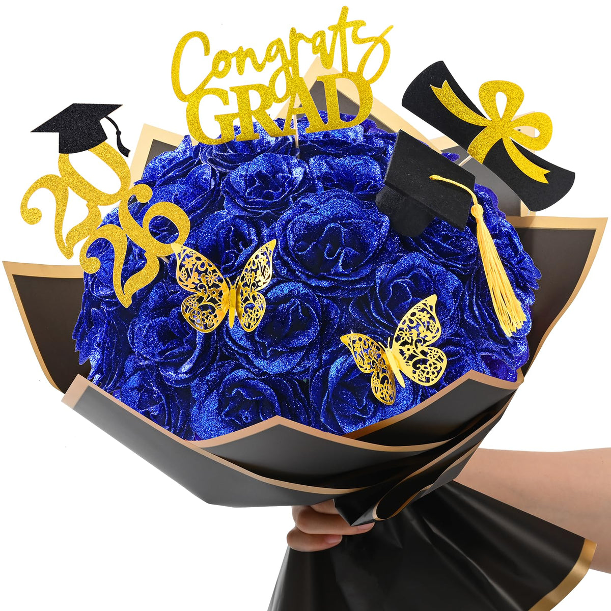 Waipfaru glitter rose bouquet with graduation stand signs, ideal for photo-worthy ceremonies.