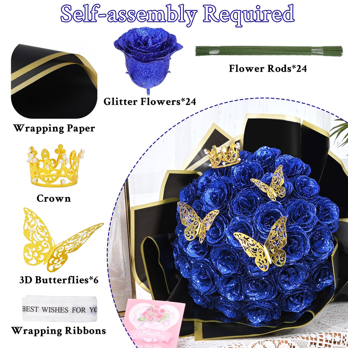 Waipfaru Glitter Roses Bouquet blue option offers calm, unique mood.