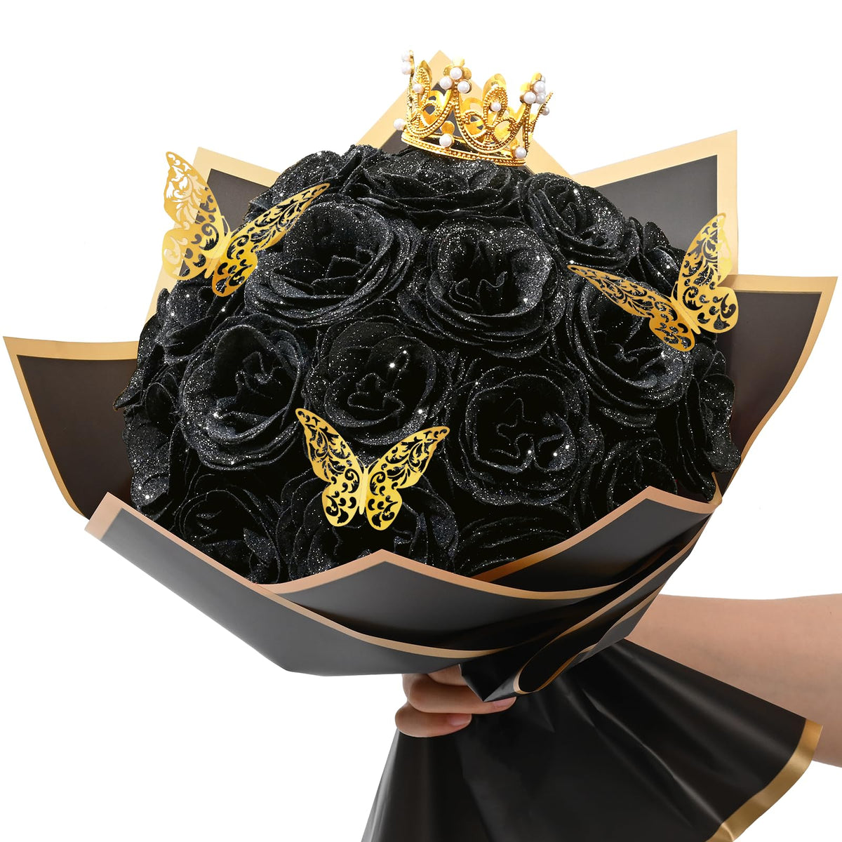 Waipfaru Glitter Roses Bouquet with black roses for elegant home decor.