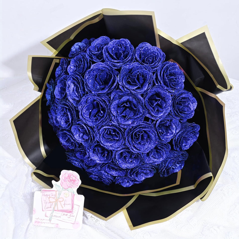 Waipfaru Glitter Roses Bouquet blue glitter roses ready for DIY decor and gifts.