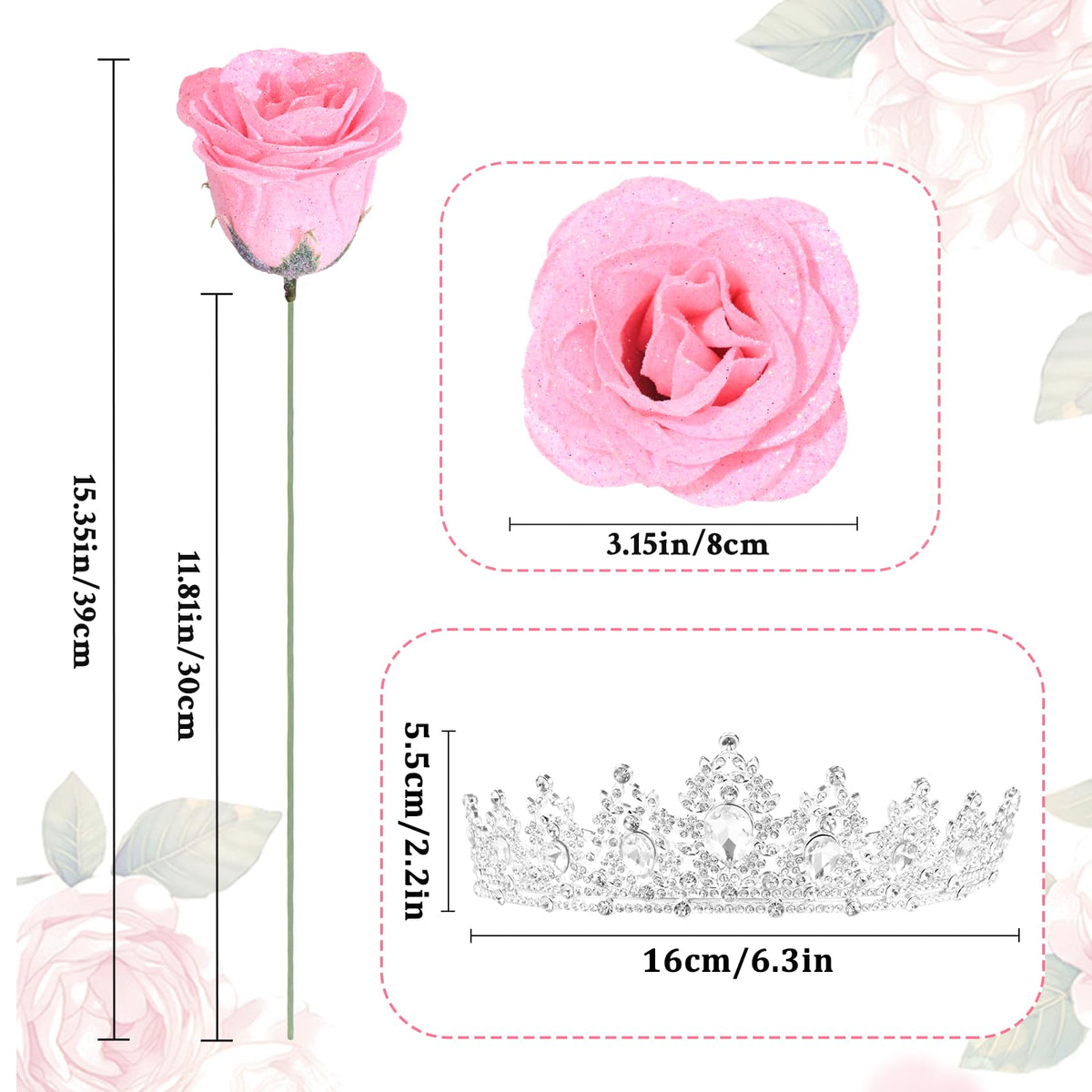 Waipfaru Glitter Roses Bouquet with crown and butterflies adds whimsy and décor