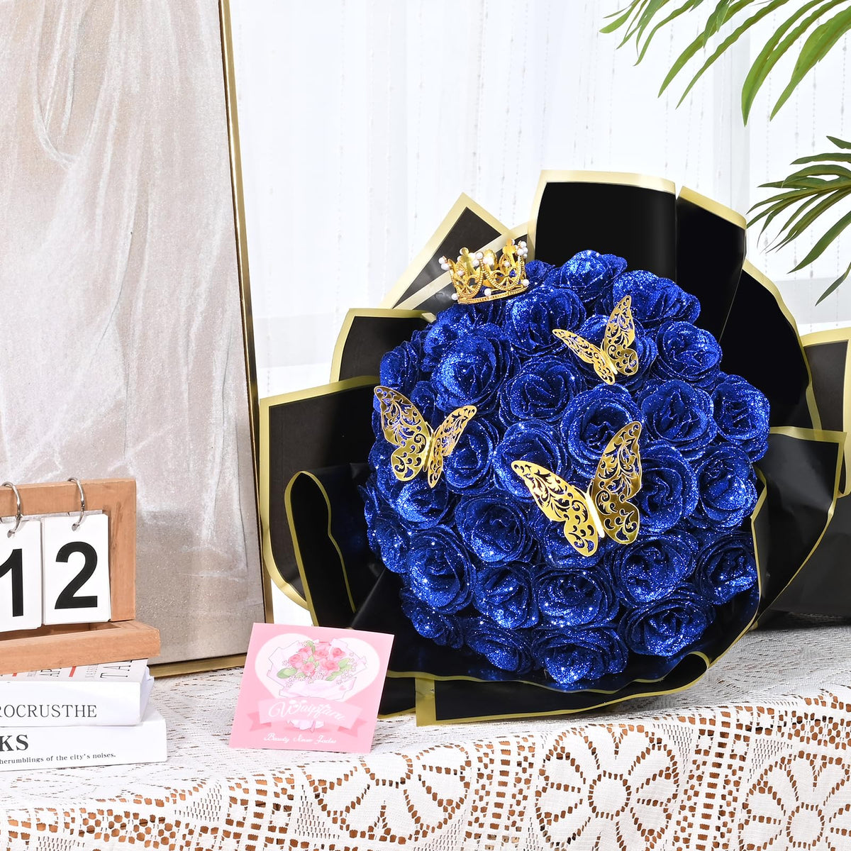 Waipfaru Glitter Roses Bouquet serves as a centerpiece for celebrations.
