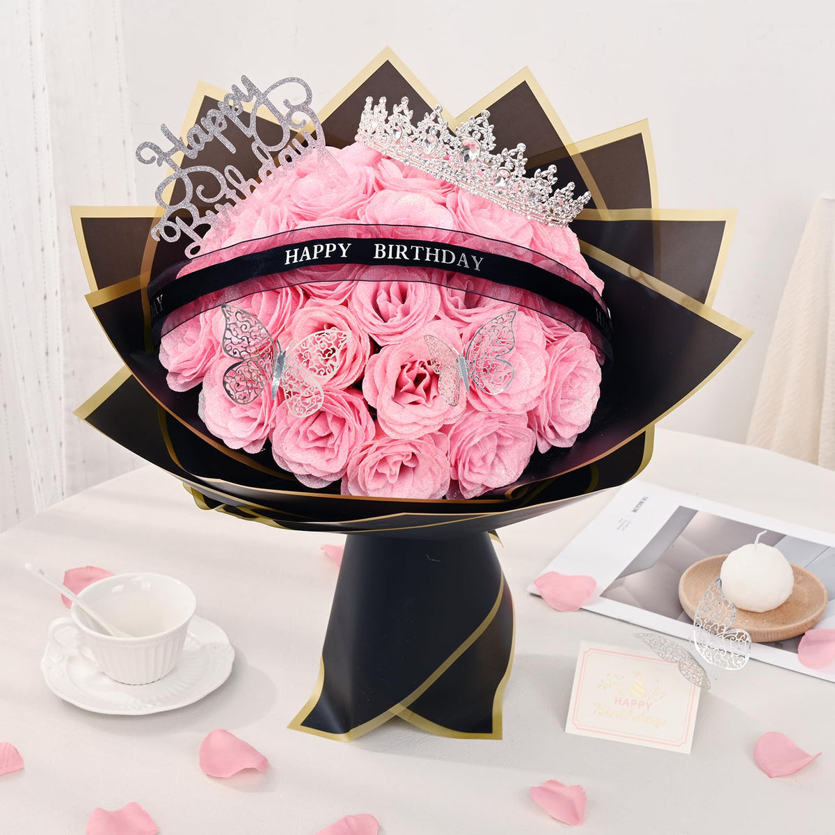 Ribbon-wrapped Waipfaru Glitter Roses Bouquet enhances gift-ready presentation
