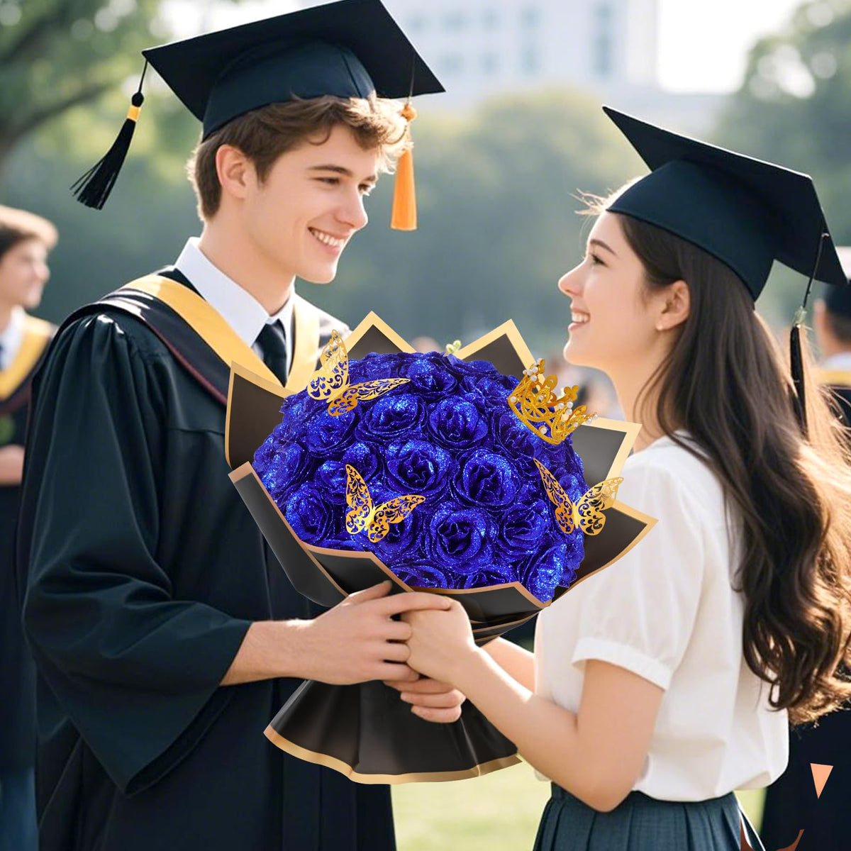 Waipfaru Glitter Roses Bouquet features ribbons and wrapping paper for stylish gift presentation.