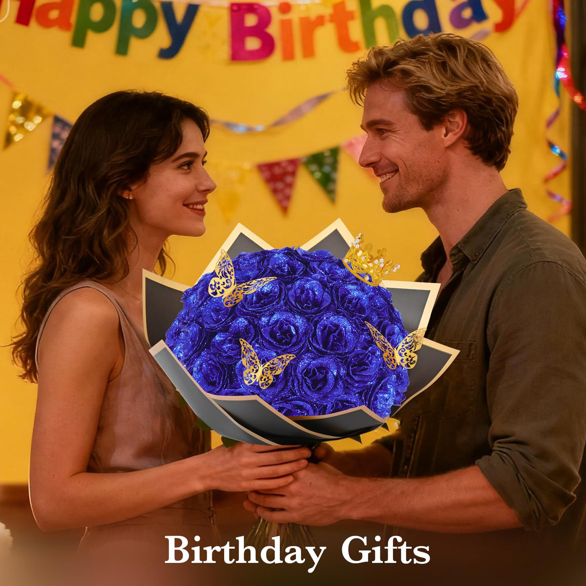 Waipfaru Glitter Roses Bouquet includes six butterflies for whimsical accents.