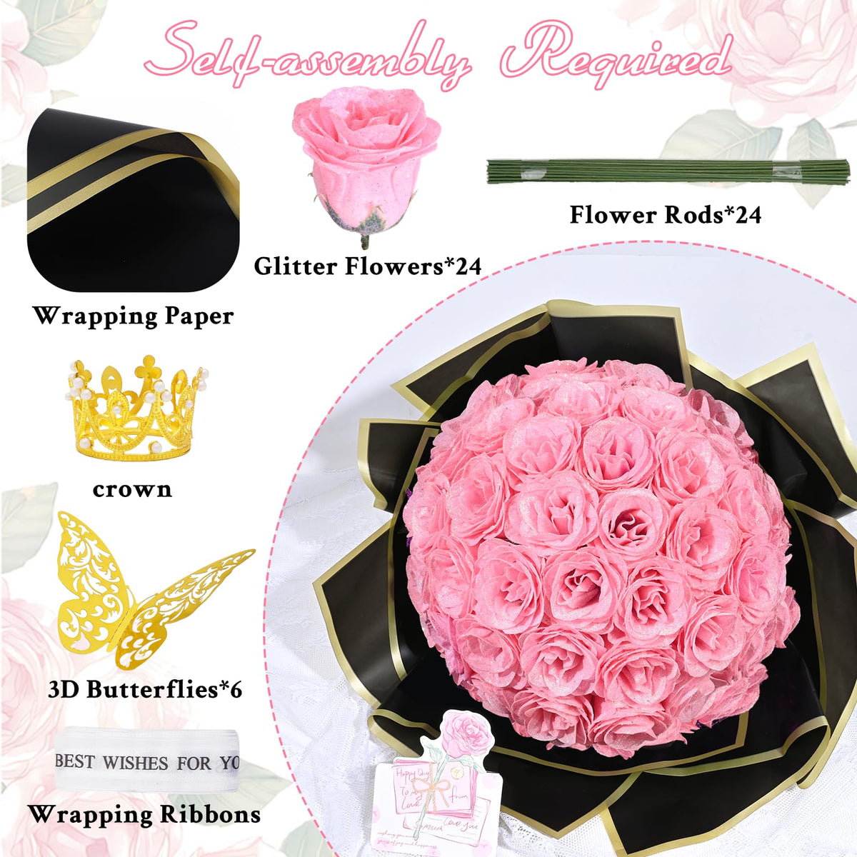 Waipfaru glitter roses stems and ribbons provide elegant centerpiece options.