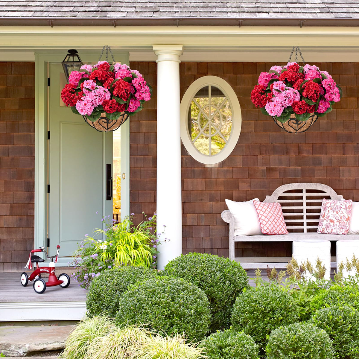 Waipfaru green domes fixtures securely support geraniums for stable mounting.