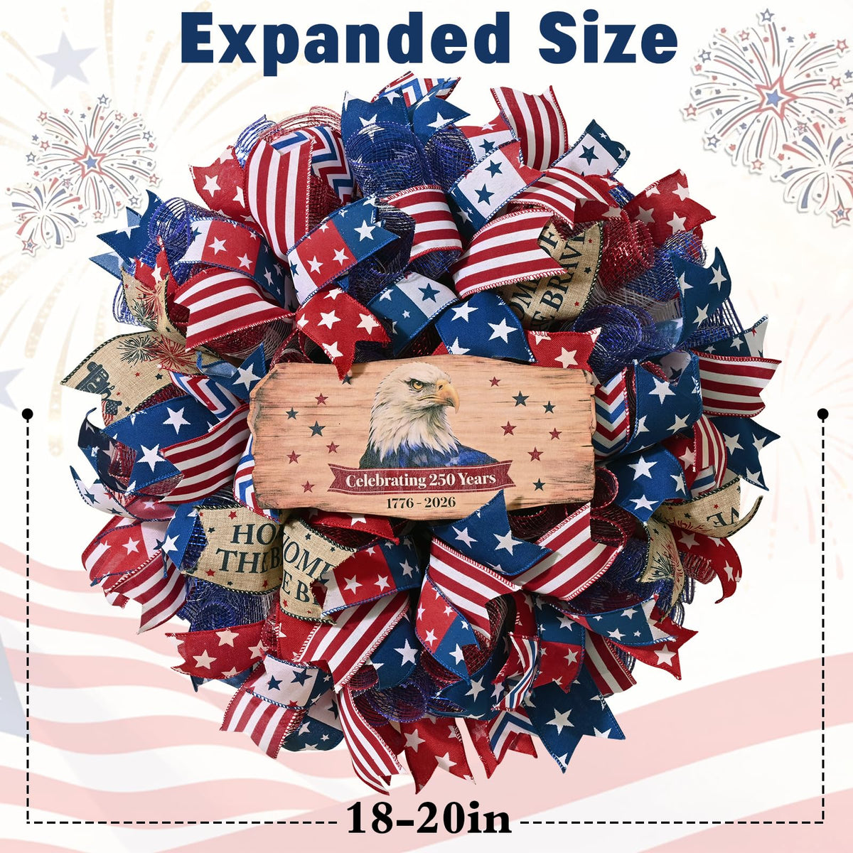 Handcrafted Waipfaru patriotic wreath features layered tulle bows and vivid ribbons.