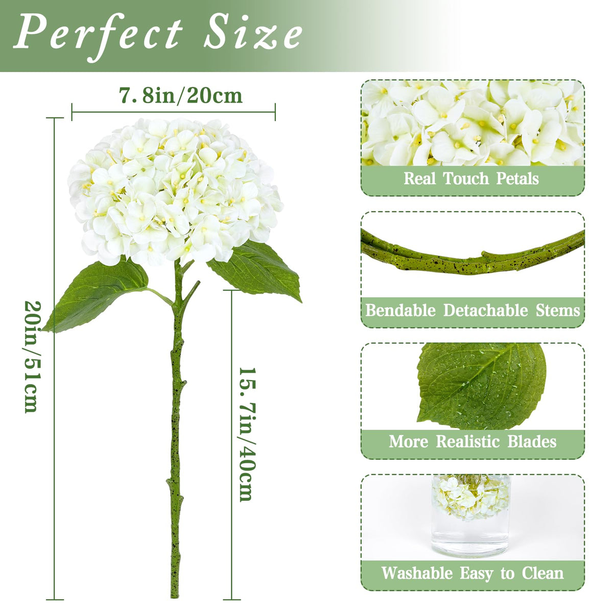Waipfaru real-touch hydrangea bloom, 7.8 inches, ideal for table centerpieces.