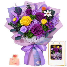 Waipfaru large purple preserved bouquet in gift box, lasting beauty for home decor.