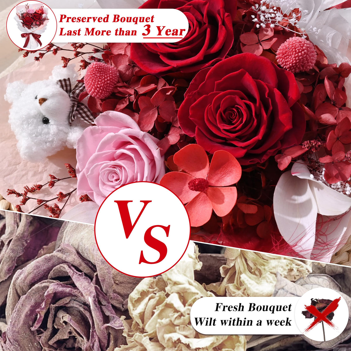 Waipfaru long-lasting preserved bouquet maintains vibrant color.