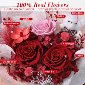 Waipfaru red preserved bouquet with bear, ready-to-gift packaging.