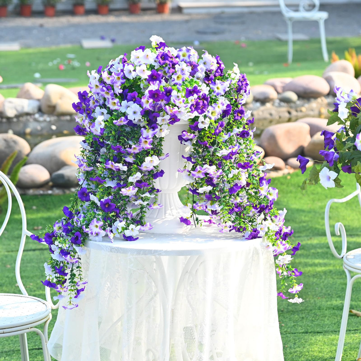 Waipfaru petunias on a porch display for outdoor decor