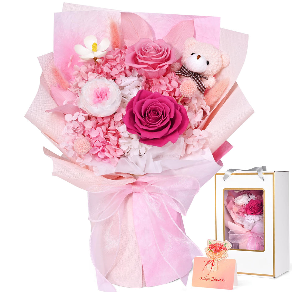 Waipfaru pink preserved flowers with bear in gift box for lasting elegance.