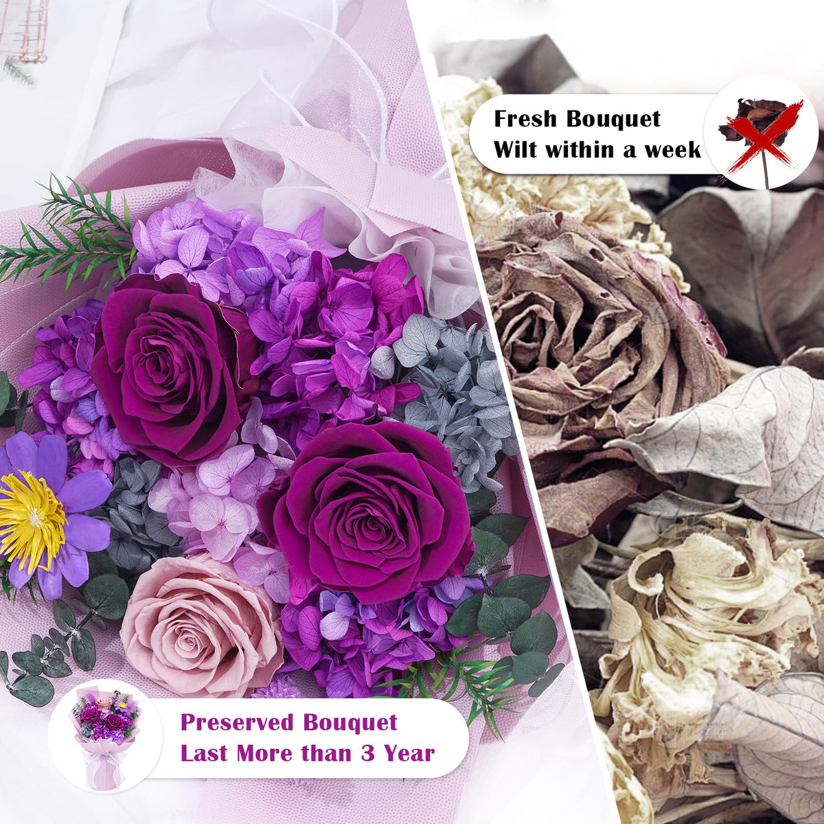 Waipfaru preserved flowers arrangement with low maintenance, lasting decor.