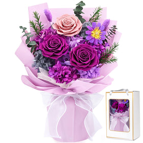 Waipfaru preserved flowers purple bouquet in gift box, ready-to-gift keepsake.