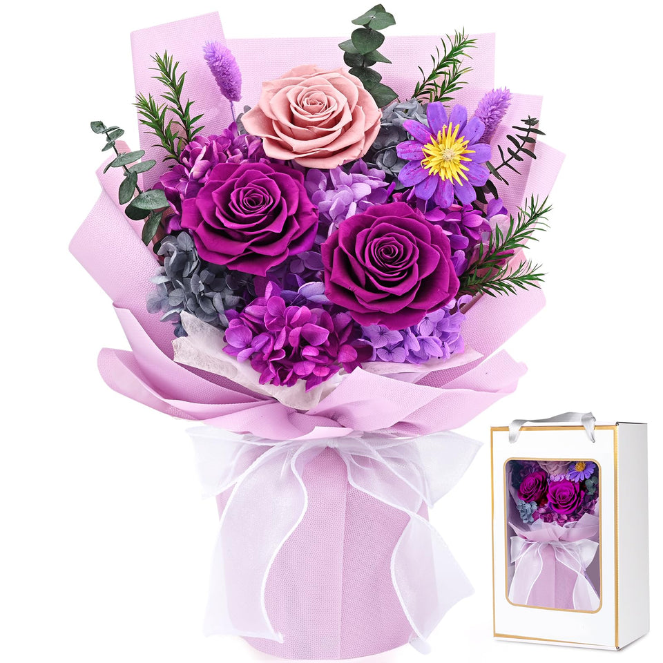 Waipfaru preserved flowers purple bouquet in gift box, ready-to-gift keepsake.