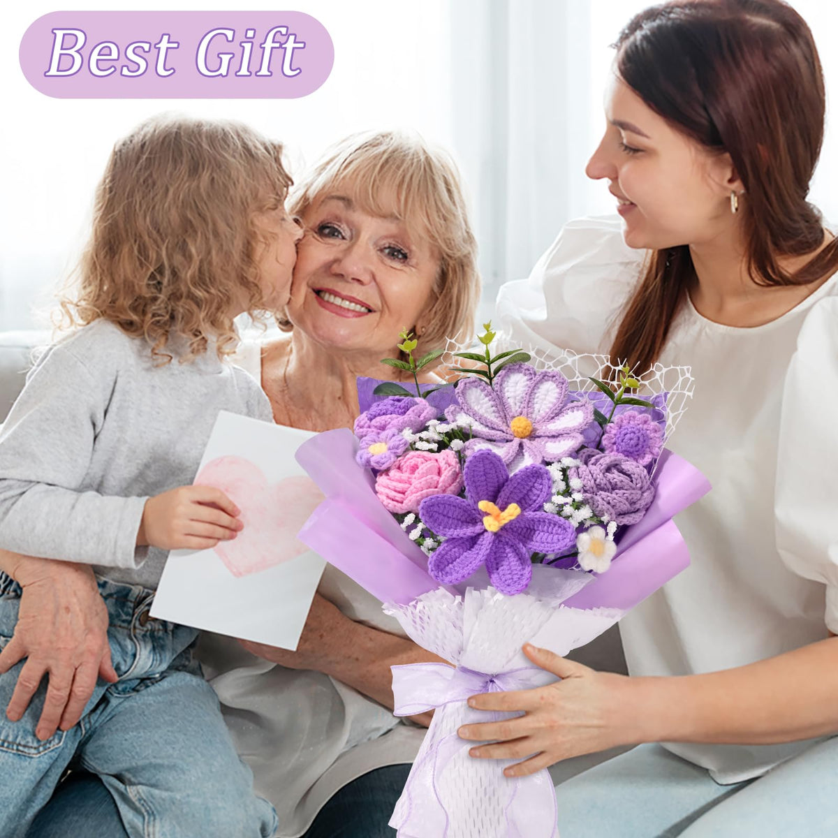 Waipfaru purple crochet bouquet in gift box, ready-to-gift presentation.