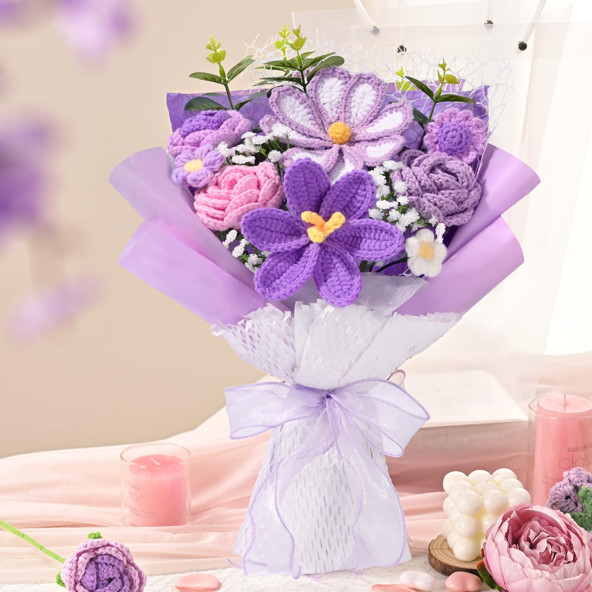 Waipfaru purple crochet bouquet packaging with card, perfect gift-ready packaging.