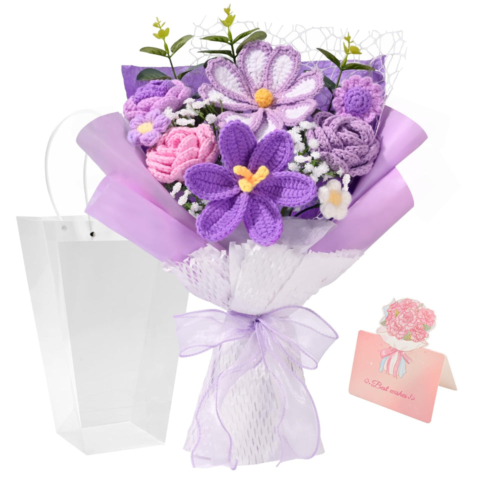 Waipfaru purple crochet flower bouquet front view, a lasting handmade gift.