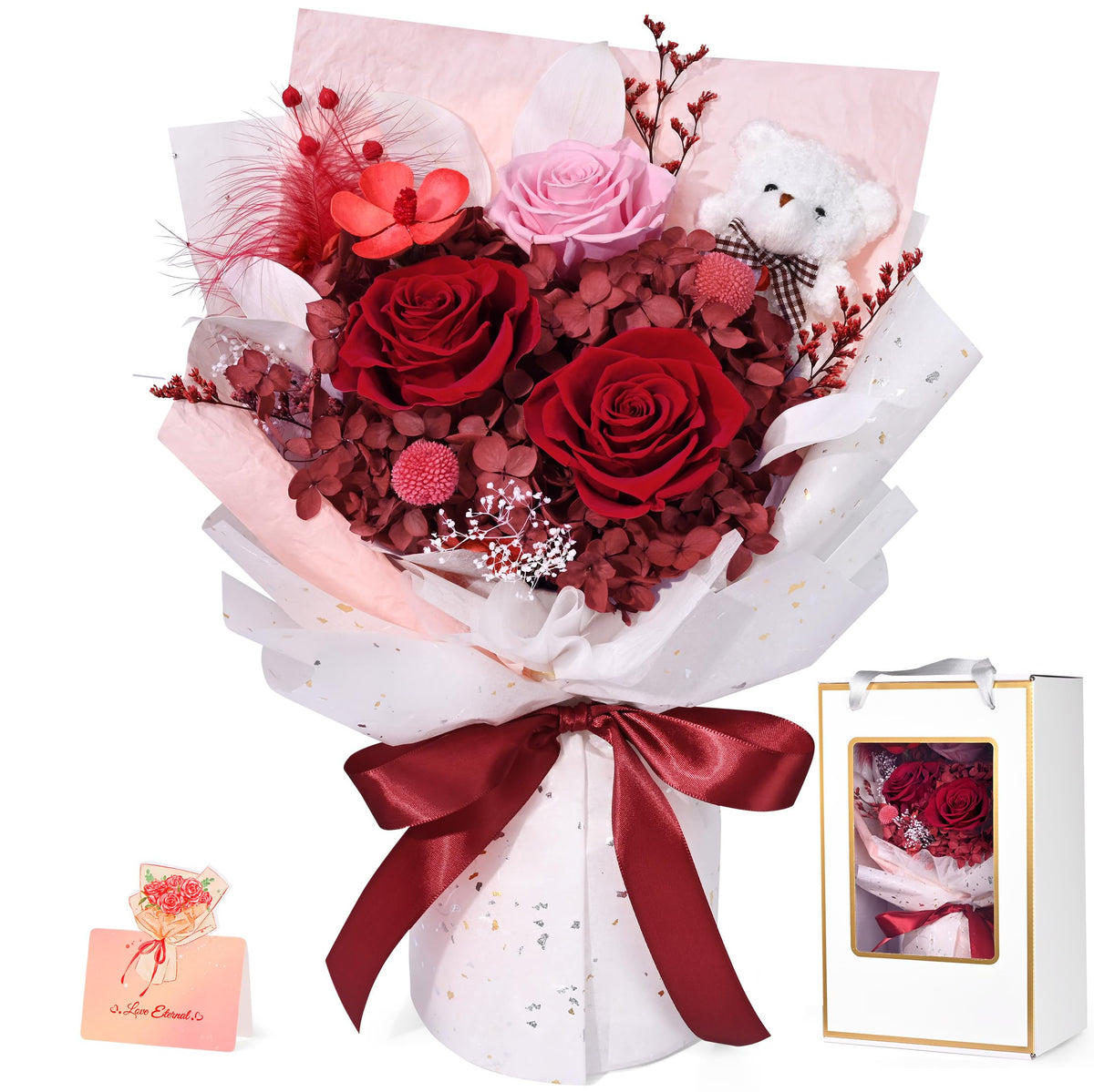 Waipfaru red preserved flowers with bear in gift box, ideal for gifting on special occasions.