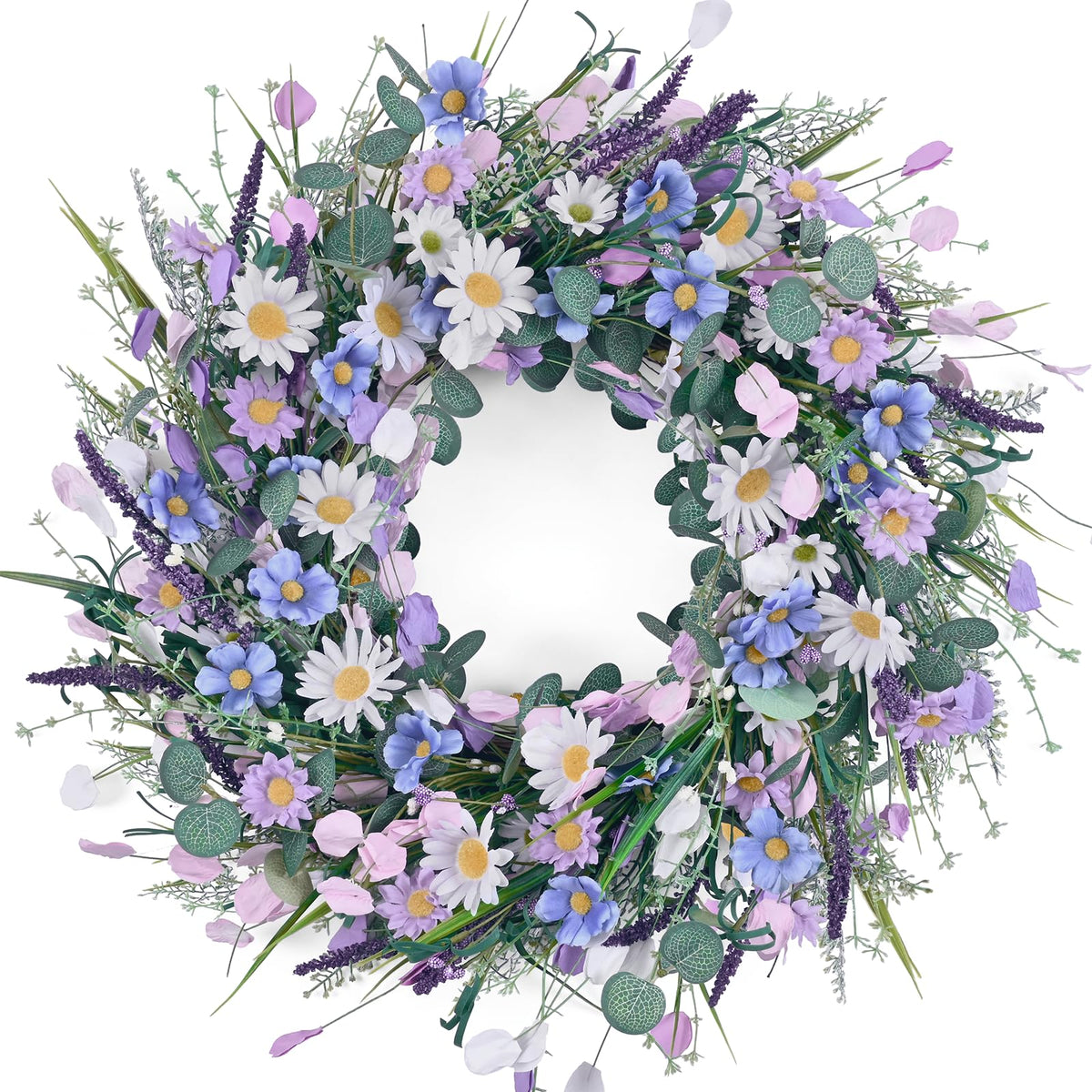 Waipfaru spring daisy wreath on front door for welcoming curb appeal