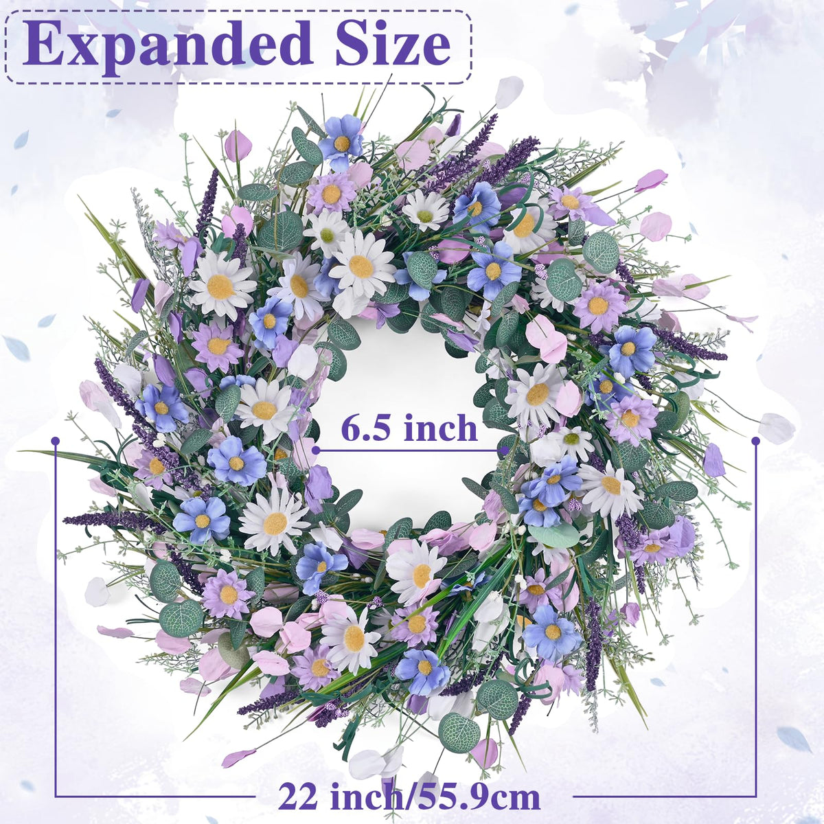 Waipfaru spring daisy wreath close-up shows lavender accents and color