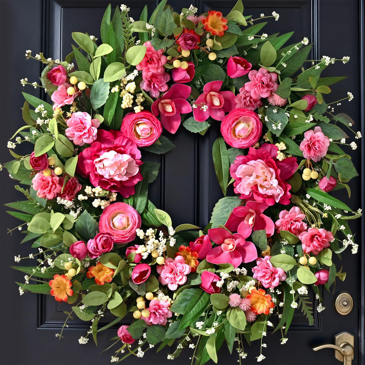 Waipfaru spring wreath on front door, bold 26-inch welcome feature.