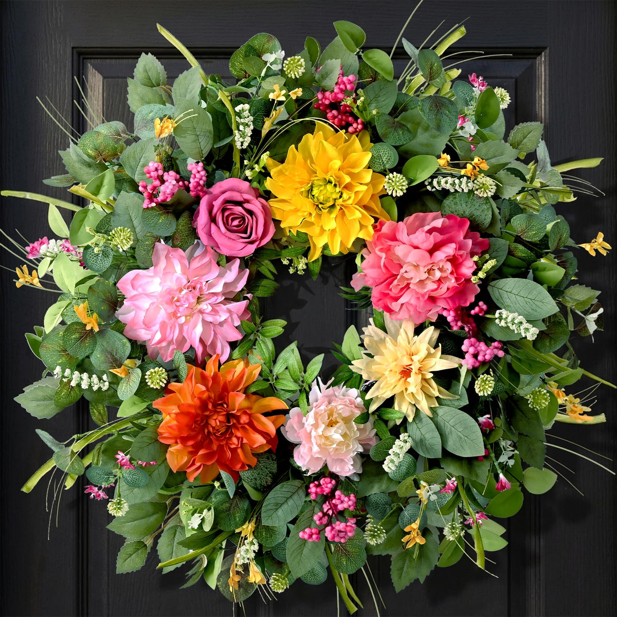 Waipfaru Spring Wreath on front door with lifelike blooms for a welcoming entry