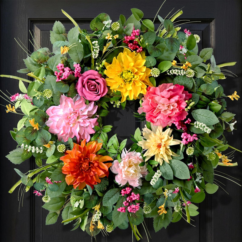 Waipfaru Spring Wreath on front door with lifelike blooms for a welcoming entry