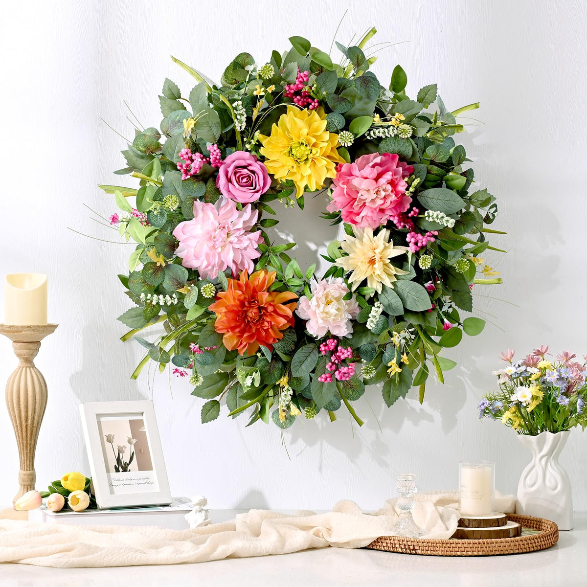 Waipfaru spring wreath on a porch setup enhancing outdoor decor