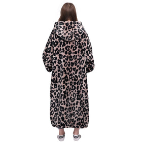 Waitu leopard wearable blanket hoodie back view emphasizes roomy fit and plush comfort