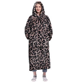 Waitu leopard wearable blanket hoodie front view delivering oversized warmth for home lounging