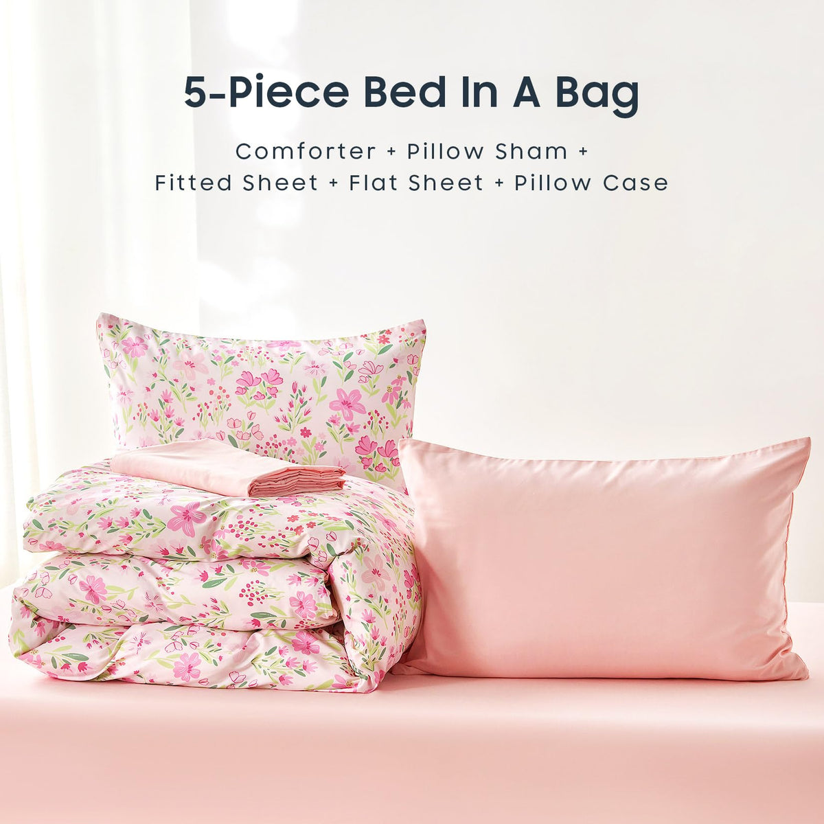 Wake In Cloud 5-piece kids bed in a bag set neatly displayed.